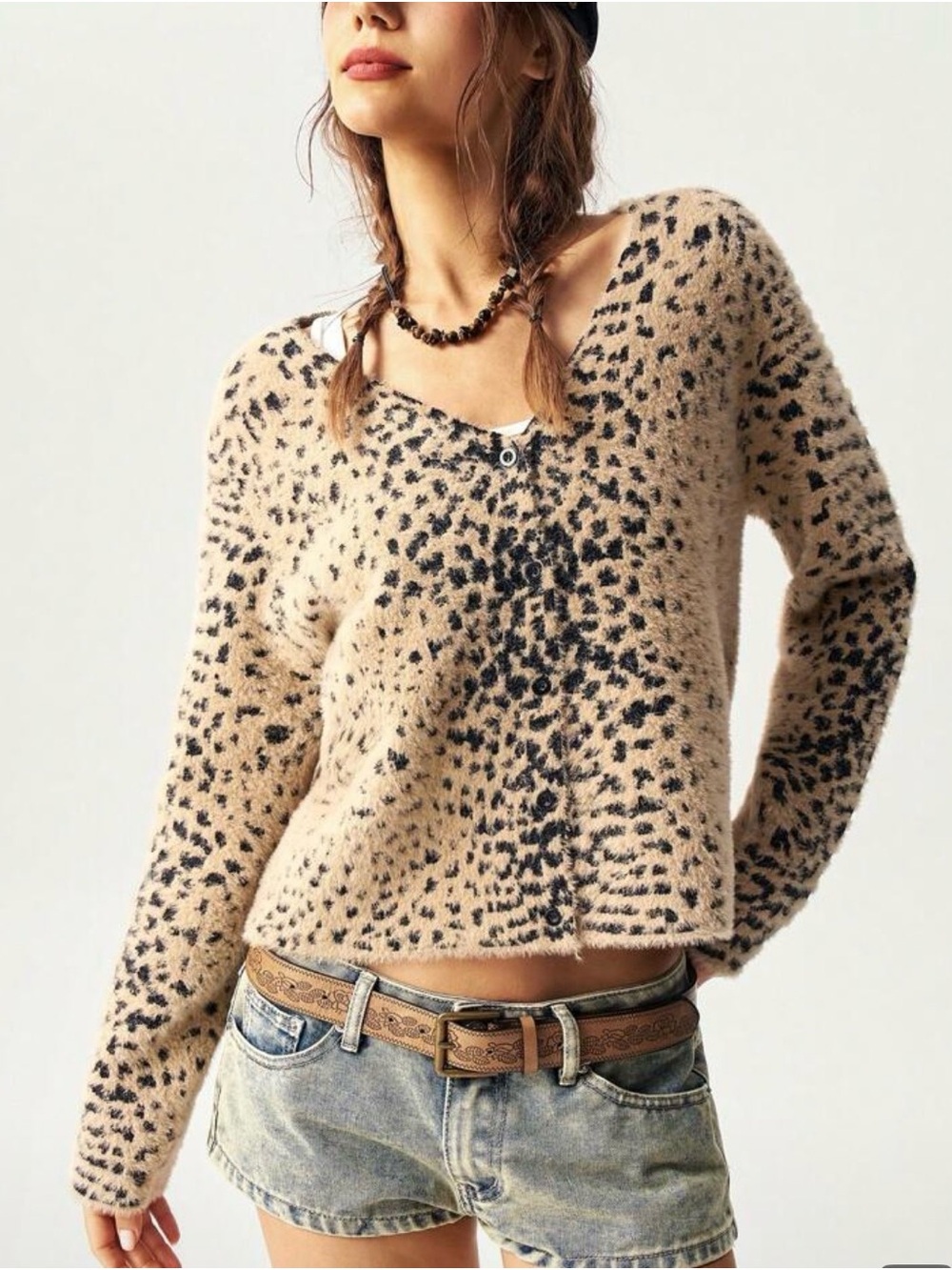 Beginning Boutique Beige and Black Leopard V-Neck Fuzzy Sweater